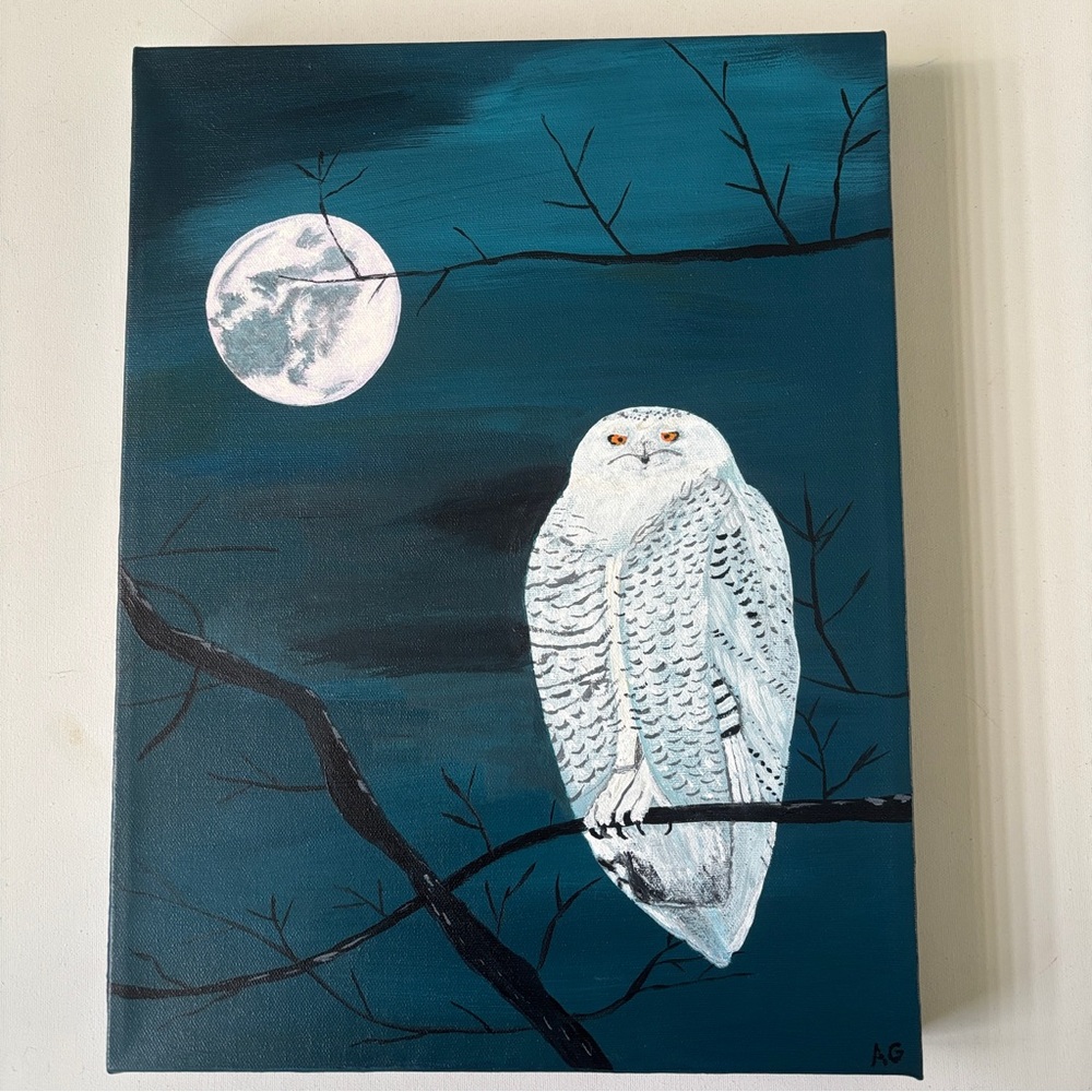 Owl of light acrylic canvas Painting Moonlit Sky original big moon teal blue sky